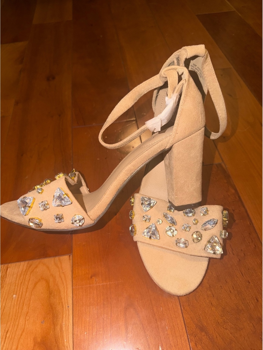 Beige Suede Block Heel Sandals w/ Ankle Strap & Rhinestone Embellishment Size 9